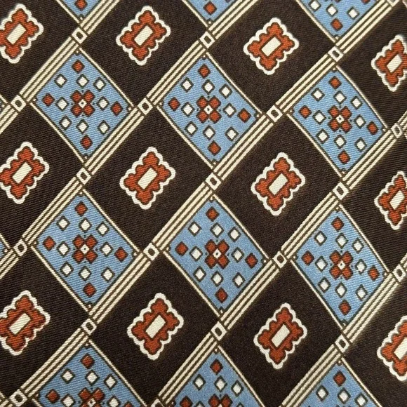 Oleg Cassini Silk Tie Brown Blue Geometric Foulard Classic Vintage - Picture 2 of 6